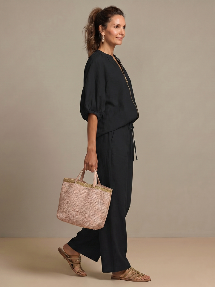 Natalia | Zip Front Blouson Top Wide Leg Set