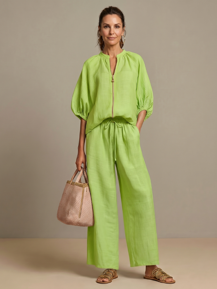 Natalia | Zip Front Blouson Top Wide Leg Set